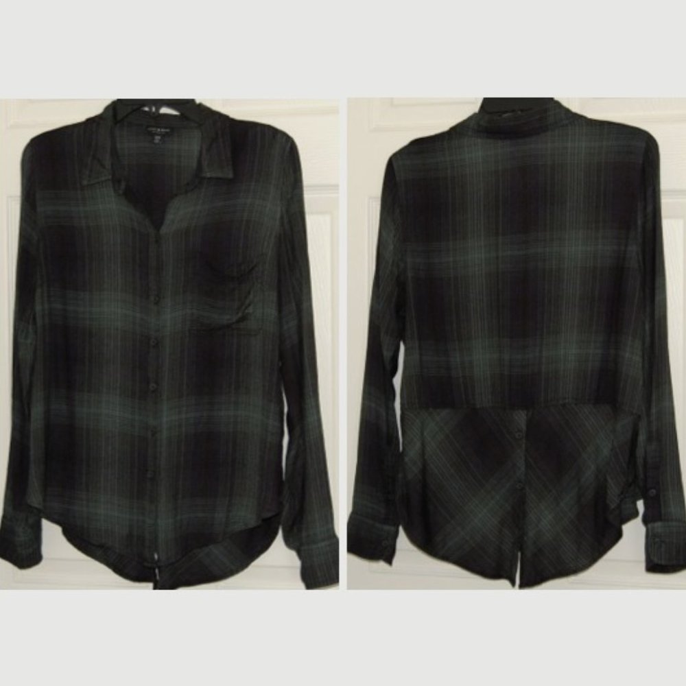 Lucky Brand Viscose Shirt, Size M, Green Plaid, with Shirttail Button Back Hem - Picture 3 of 9